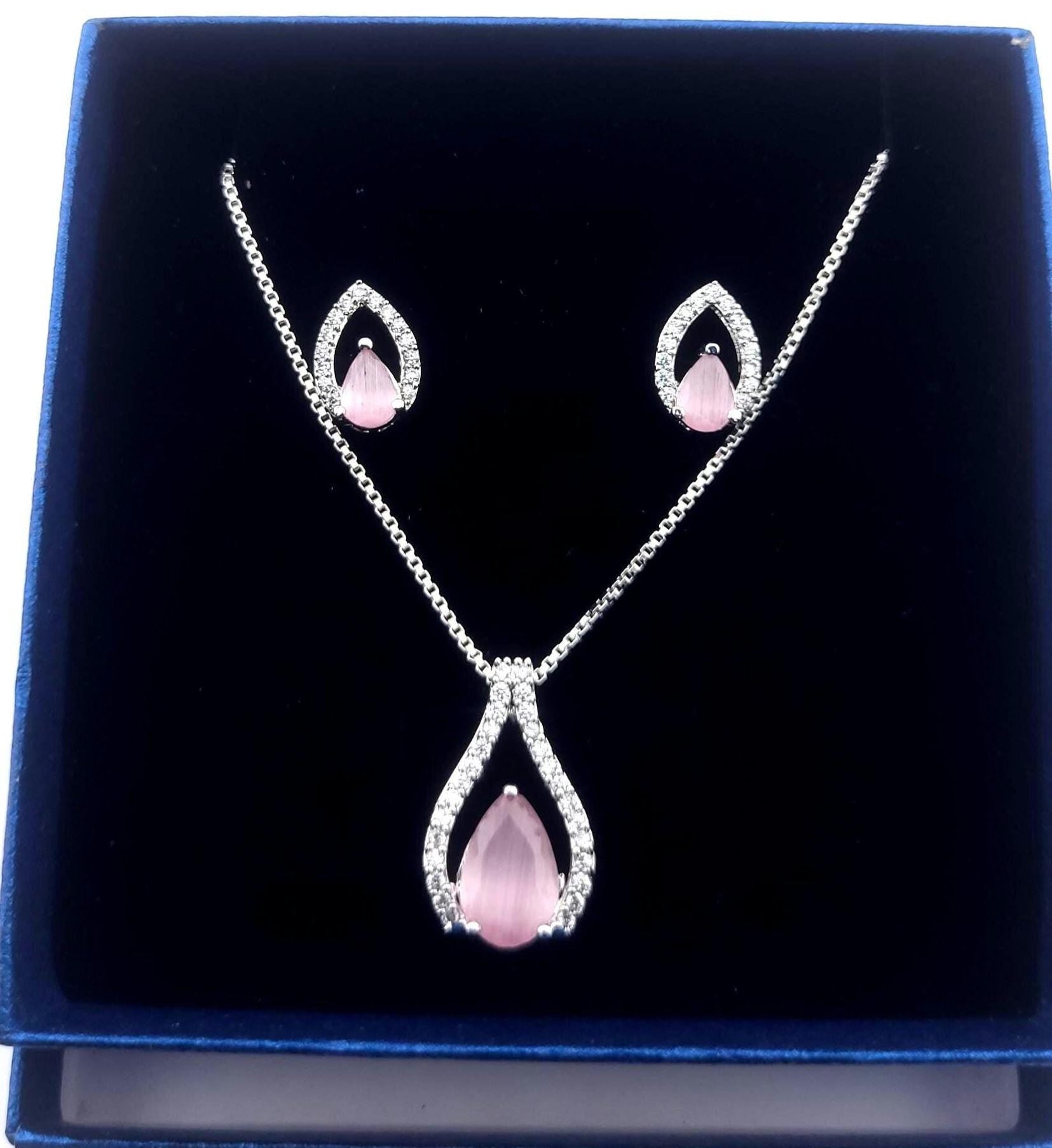 Teardrop CZ Pendant Necklace and Earrings Set, Silver-Tone Crystal Jewelry