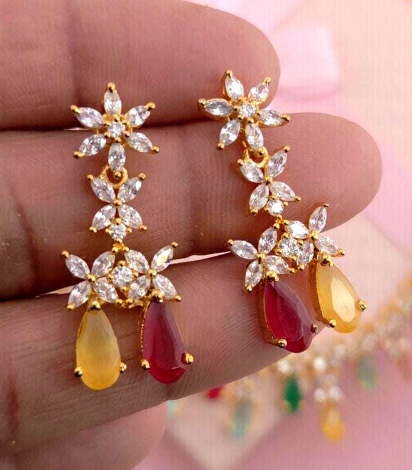 Multicolor CZ Necklace Set Gold Plated | Pastel Indian Festive Jewelry