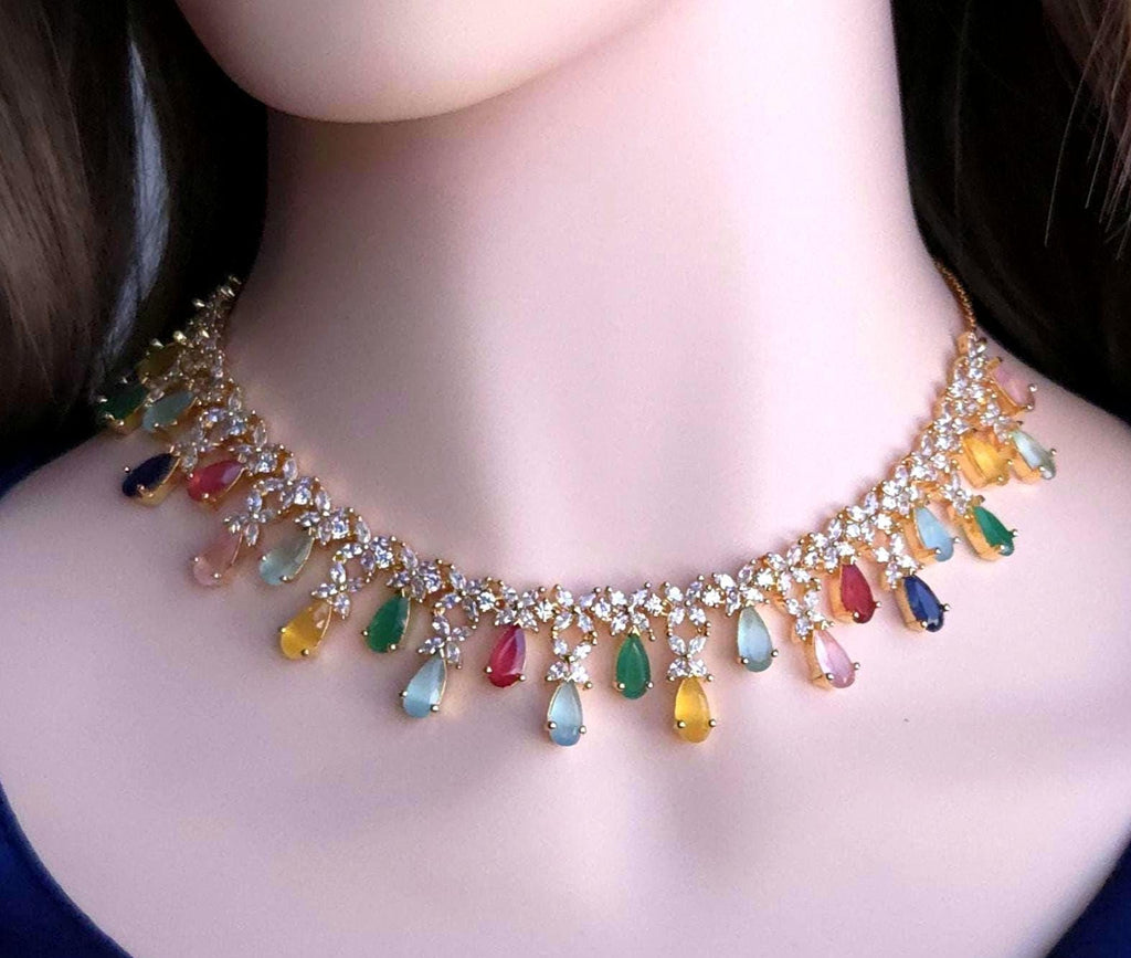 Multicolor CZ Necklace Set Gold Plated | Pastel Indian Festive Jewelry