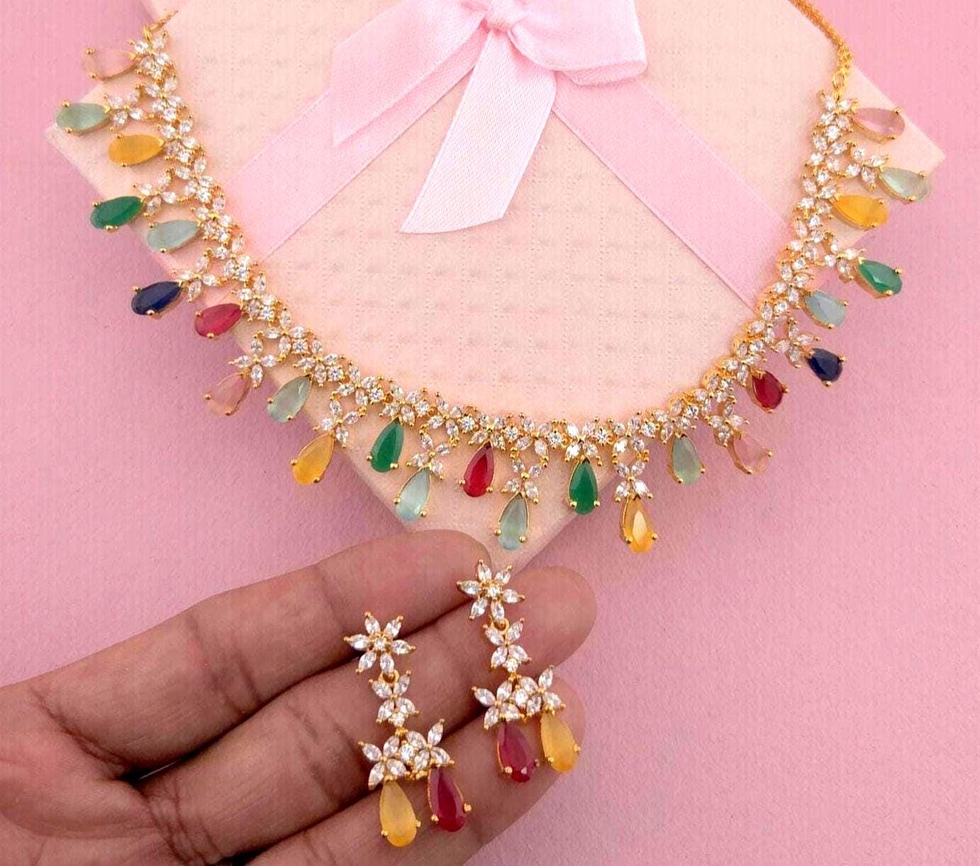 Multicolor CZ Necklace Set Gold Plated | Pastel Indian Festive Jewelry