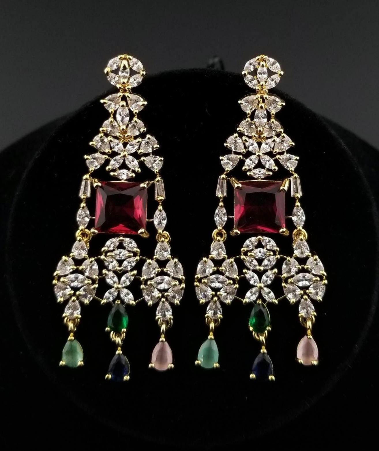 Navratna Style CZ Bridal Necklace Set – Gold Plated Indian Wedding Jewelry