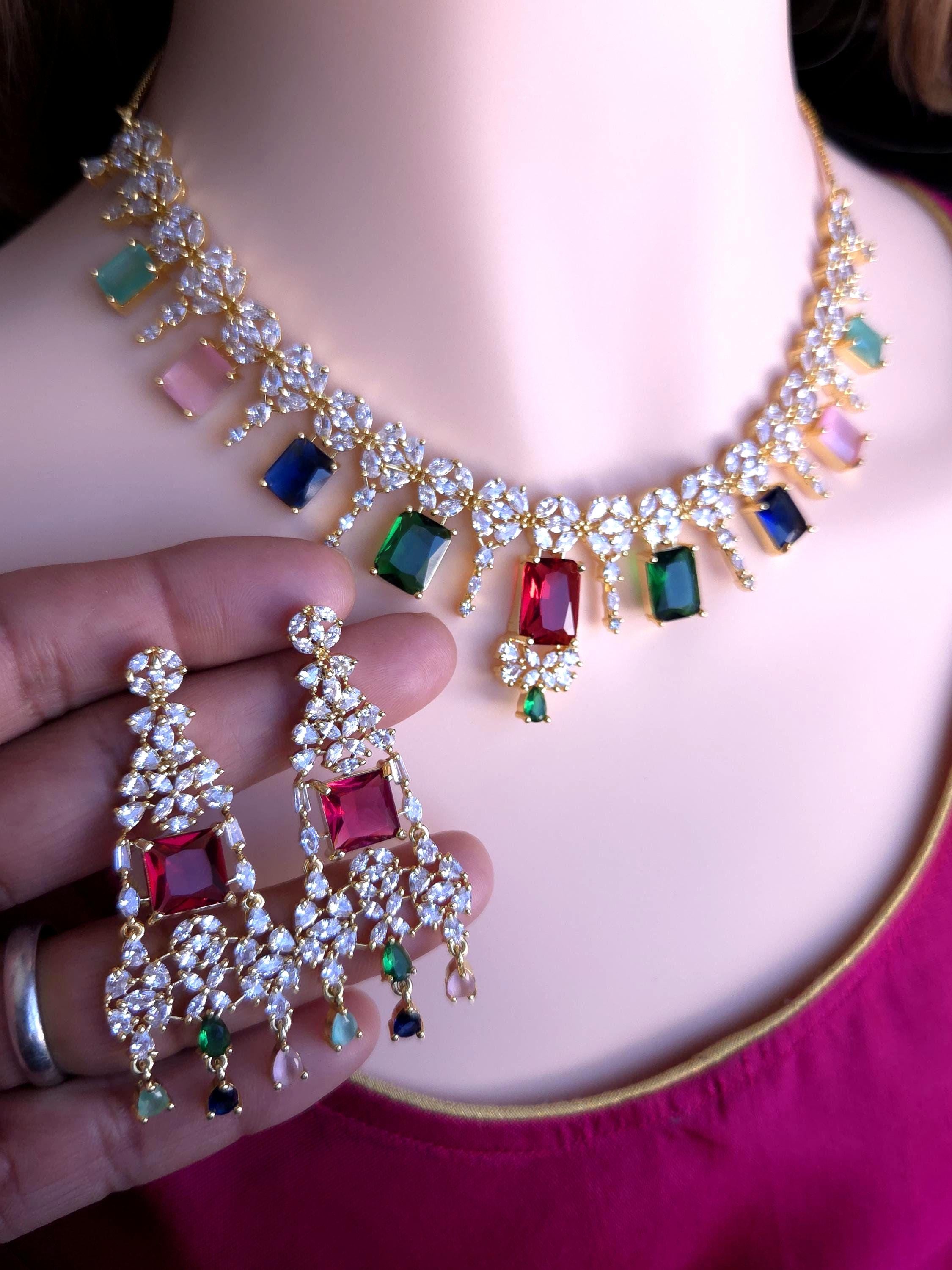 Navratna Style CZ Bridal Necklace Set – Gold Plated Indian Wedding Jewelry