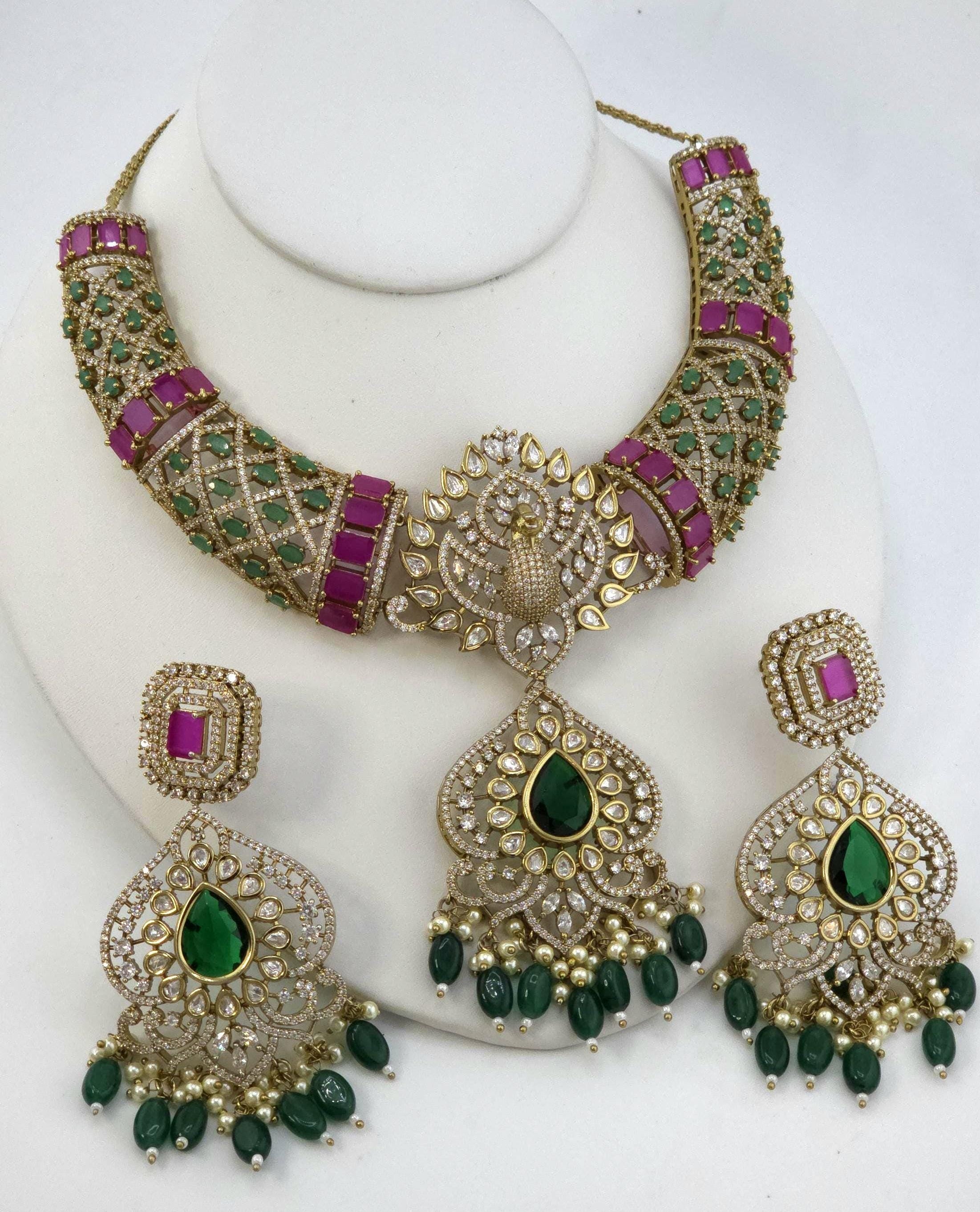 Peacock Moissanite Kundan Bridal Choker Set, Indian Wedding Jewelry, Statement Lehenga Necklace, Nikkah Reception Jewelry