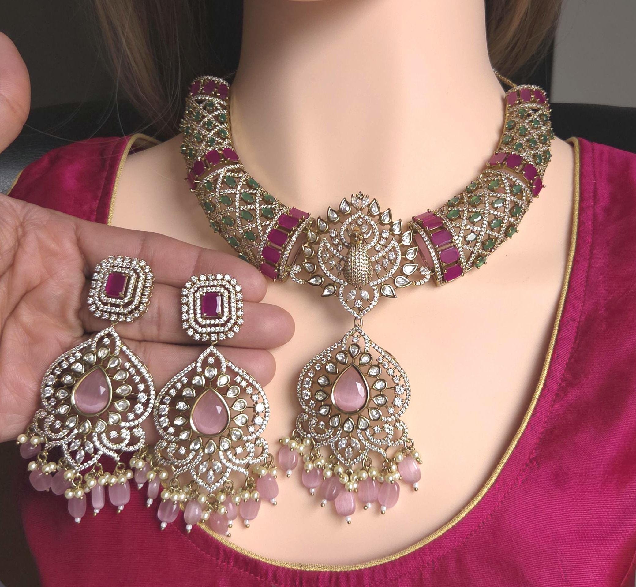 Peacock Moissanite Kundan Bridal Choker Set, Indian Wedding Jewelry, Statement Lehenga Necklace, Nikkah Reception Jewelry