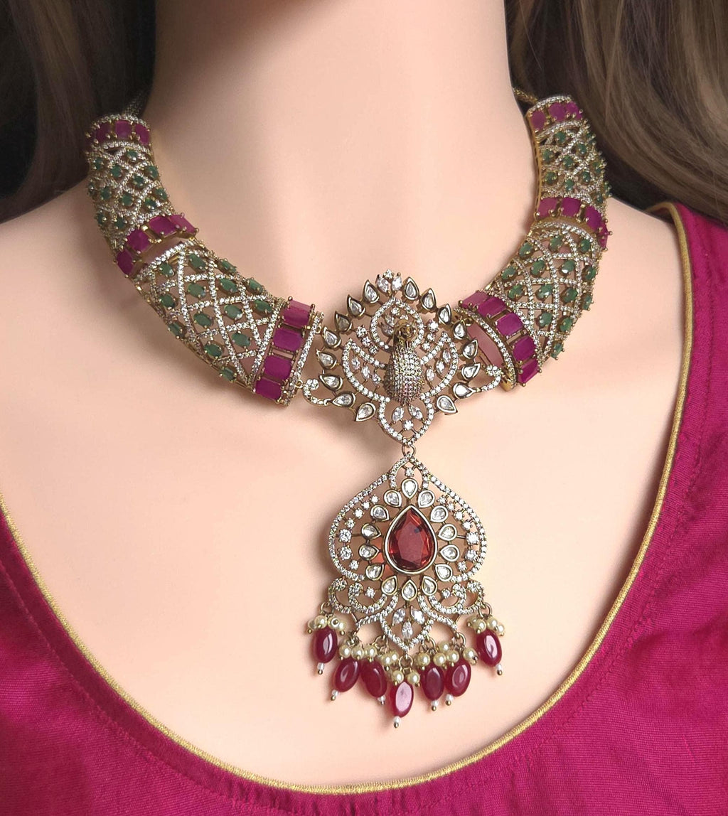Peacock Moissanite Kundan Bridal Choker Set, Indian Wedding Jewelry, Statement Lehenga Necklace, Nikkah Reception Jewelry