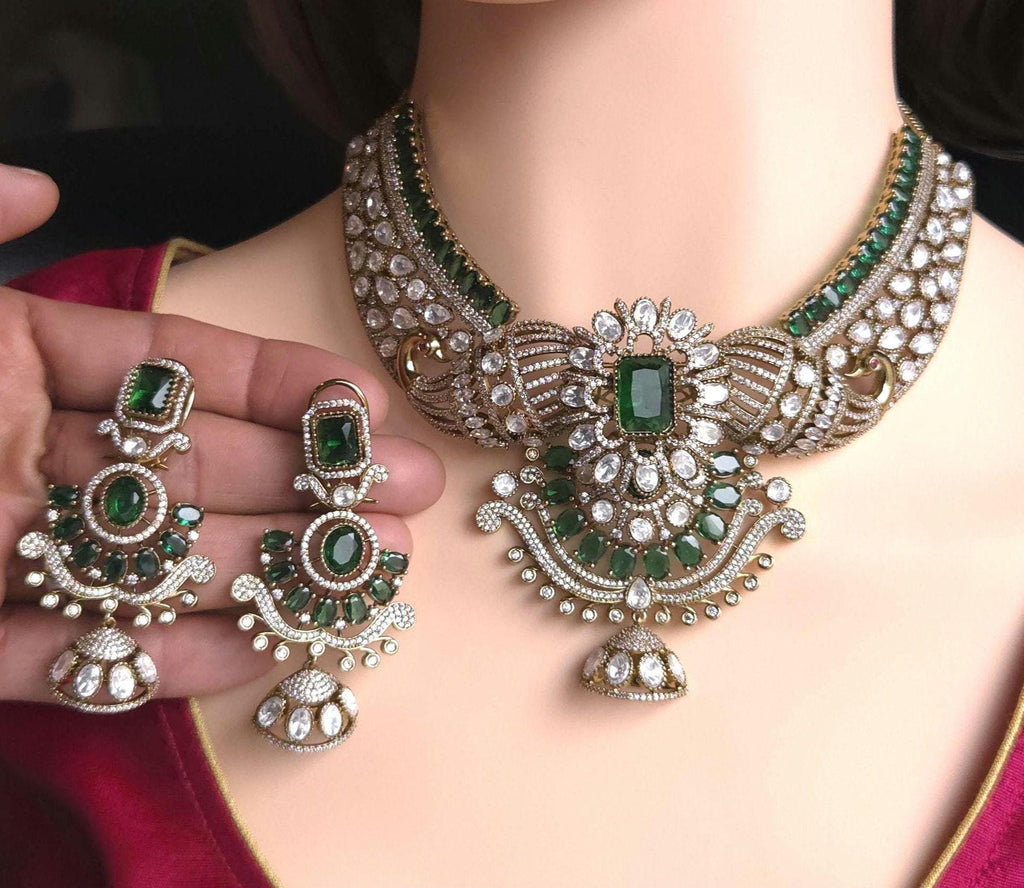 Red Green Kundan Bridal Necklace Set, Indian Wedding Jewelry, Statement Lehenga Set, Pakistani Nikkah Reception Jewelry with Maang Tikka