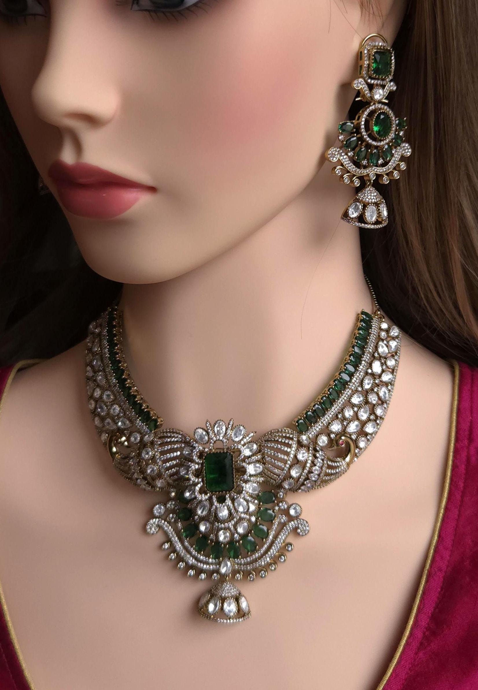 Red Green Kundan Bridal Necklace Set, Indian Wedding Jewelry, Statement Lehenga Set, Pakistani Nikkah Reception Jewelry with Maang Tikka