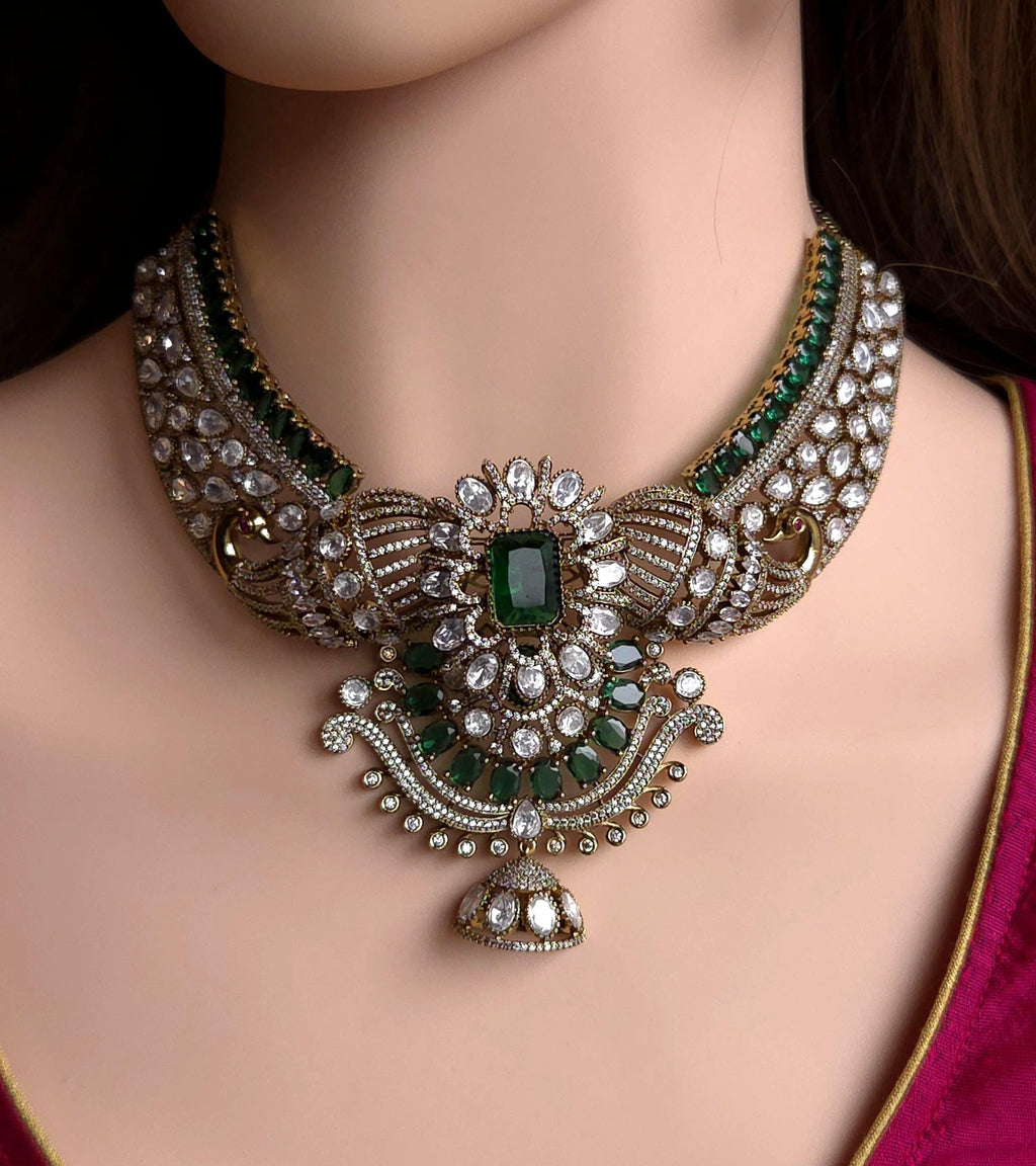 Red Green Kundan Bridal Necklace Set, Indian Wedding Jewelry, Statement Lehenga Set, Pakistani Nikkah Reception Jewelry with Maang Tikka