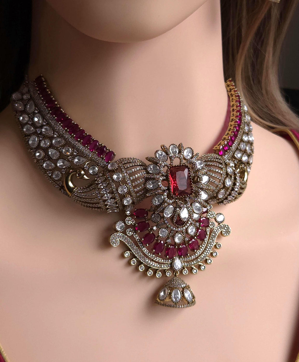 Red Green Kundan Bridal Necklace Set, Indian Wedding Jewelry, Statement Lehenga Set, Pakistani Nikkah Reception Jewelry with Maang Tikka