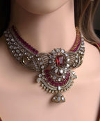 Red Green Kundan Bridal Necklace Set, Indian Wedding Jewelry, Statement Lehenga Set, Pakistani Nikkah Reception Jewelry with Maang Tikka