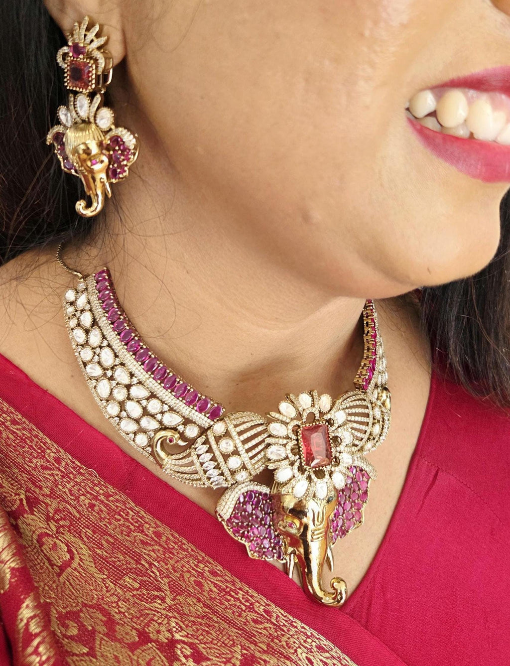 Ganpati Moissanite Kundan Necklace Set, Indian Temple Jewelry, Bridal Wedding Jewelry, Diwali Festive Gift Statement Pendant set Maang Tikka