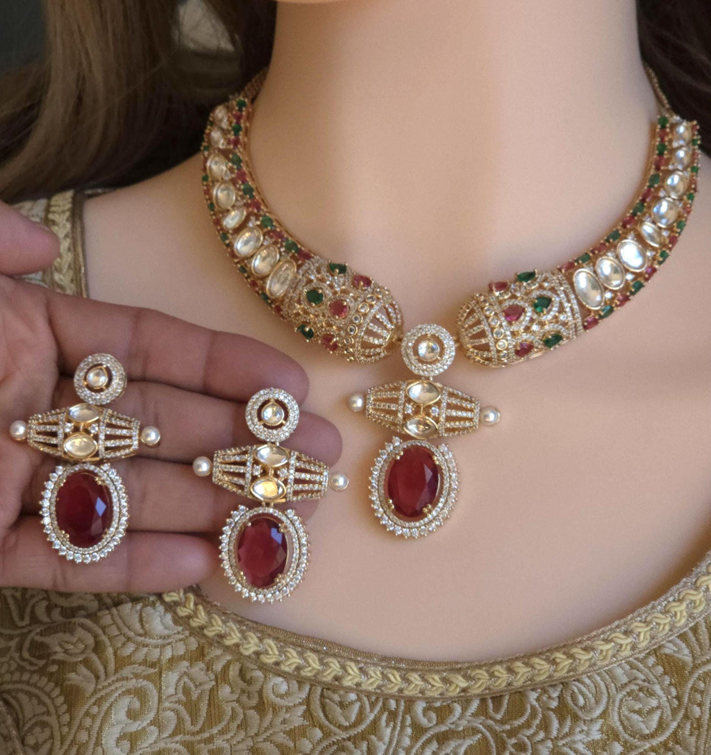 Red Moissanite Kundan Bridal Necklace Set, Indian Wedding Jewelry, Statement Lehenga Necklace, Pakistani Nikkah Reception Jewelry