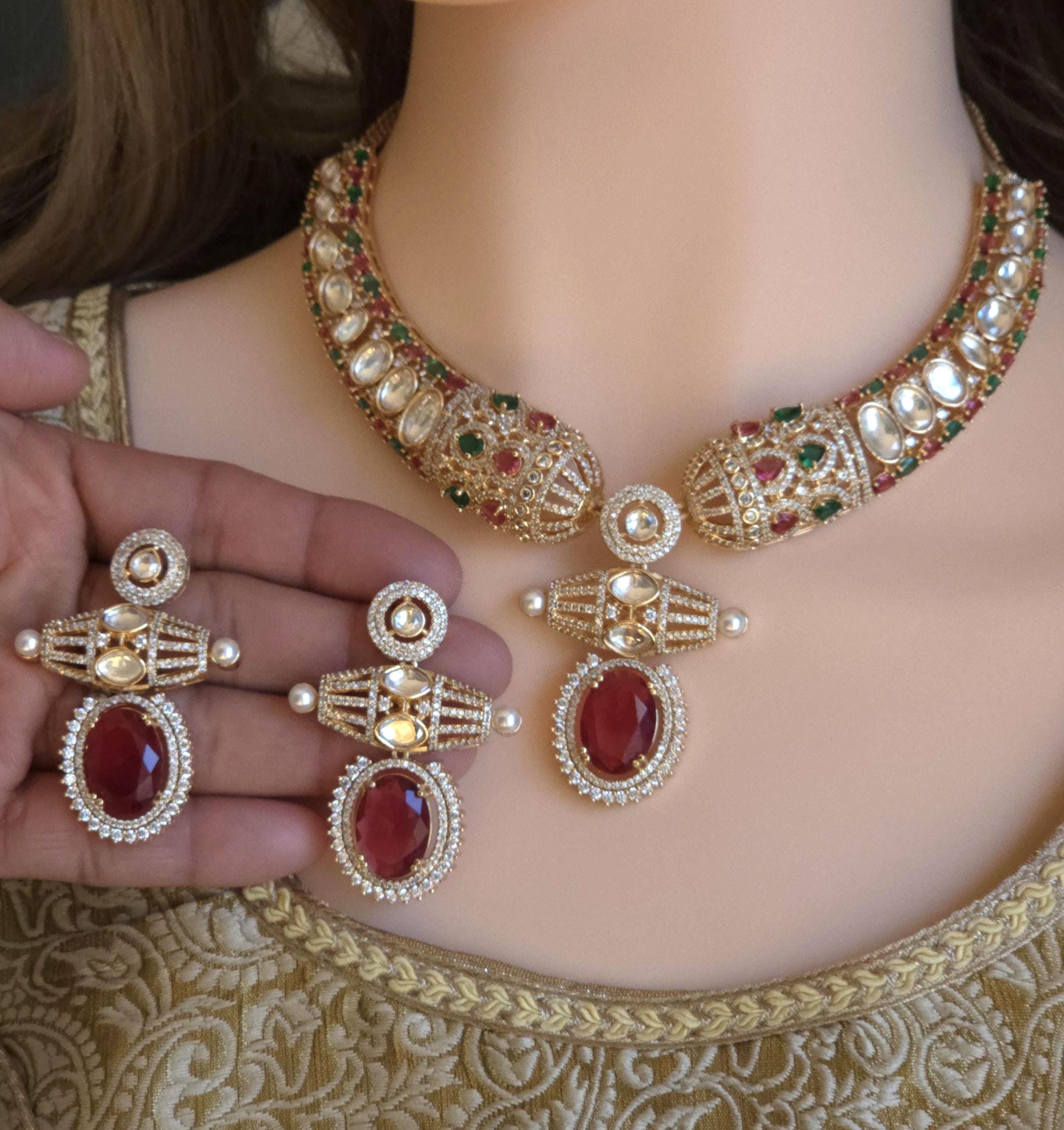 Red Moissanite Kundan Bridal Necklace Set, Indian Wedding Jewelry, Statement Lehenga Necklace, Pakistani Nikkah Reception Jewelry