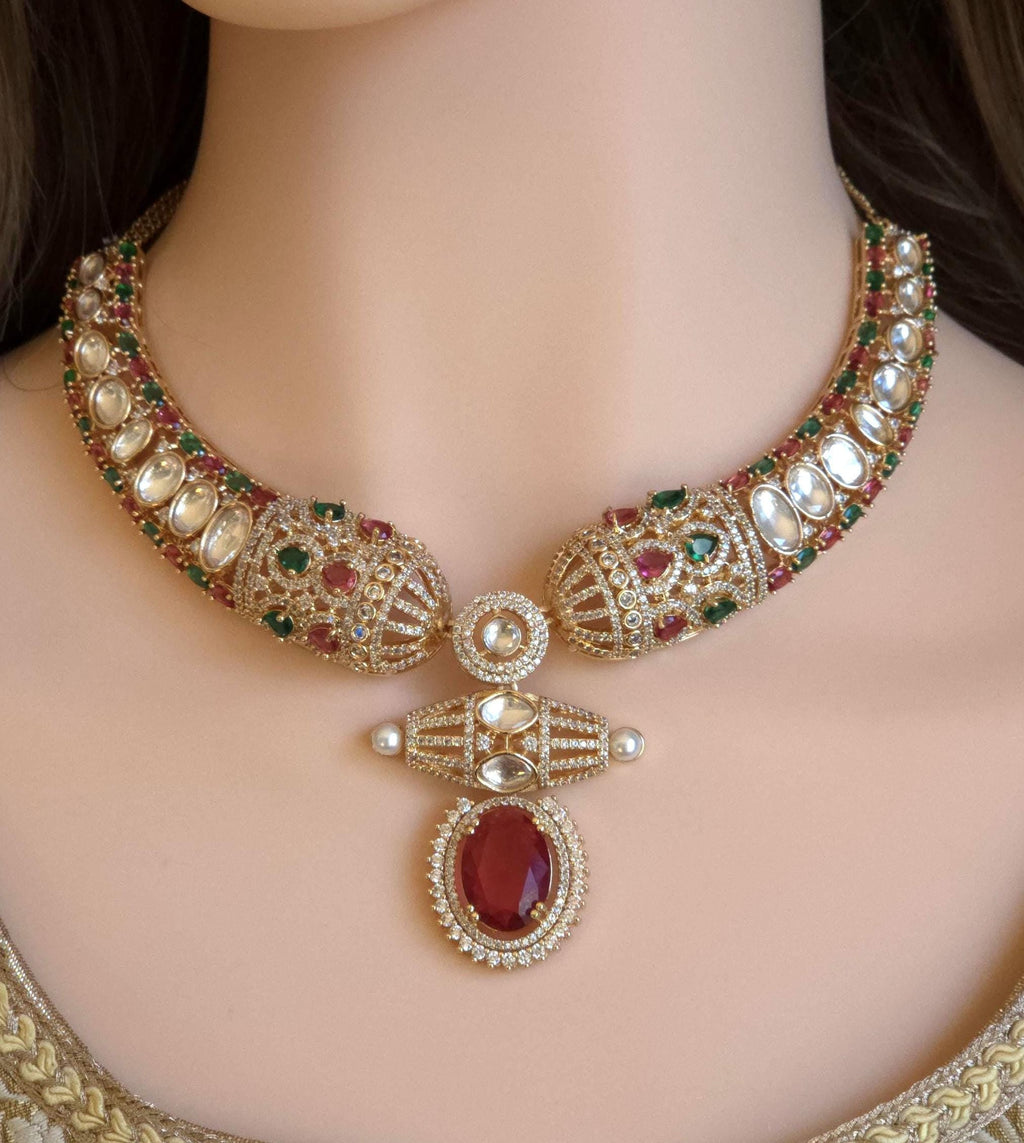 Red Moissanite Kundan Bridal Necklace Set, Indian Wedding Jewelry, Statement Lehenga Necklace, Pakistani Nikkah Reception Jewelry