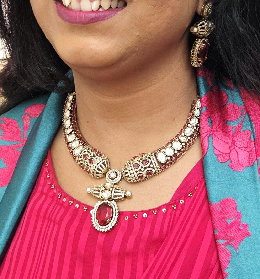 Red Moissanite Kundan Bridal Necklace Set, Indian Wedding Jewelry, Statement Lehenga Necklace, Pakistani Nikkah Reception Jewelry