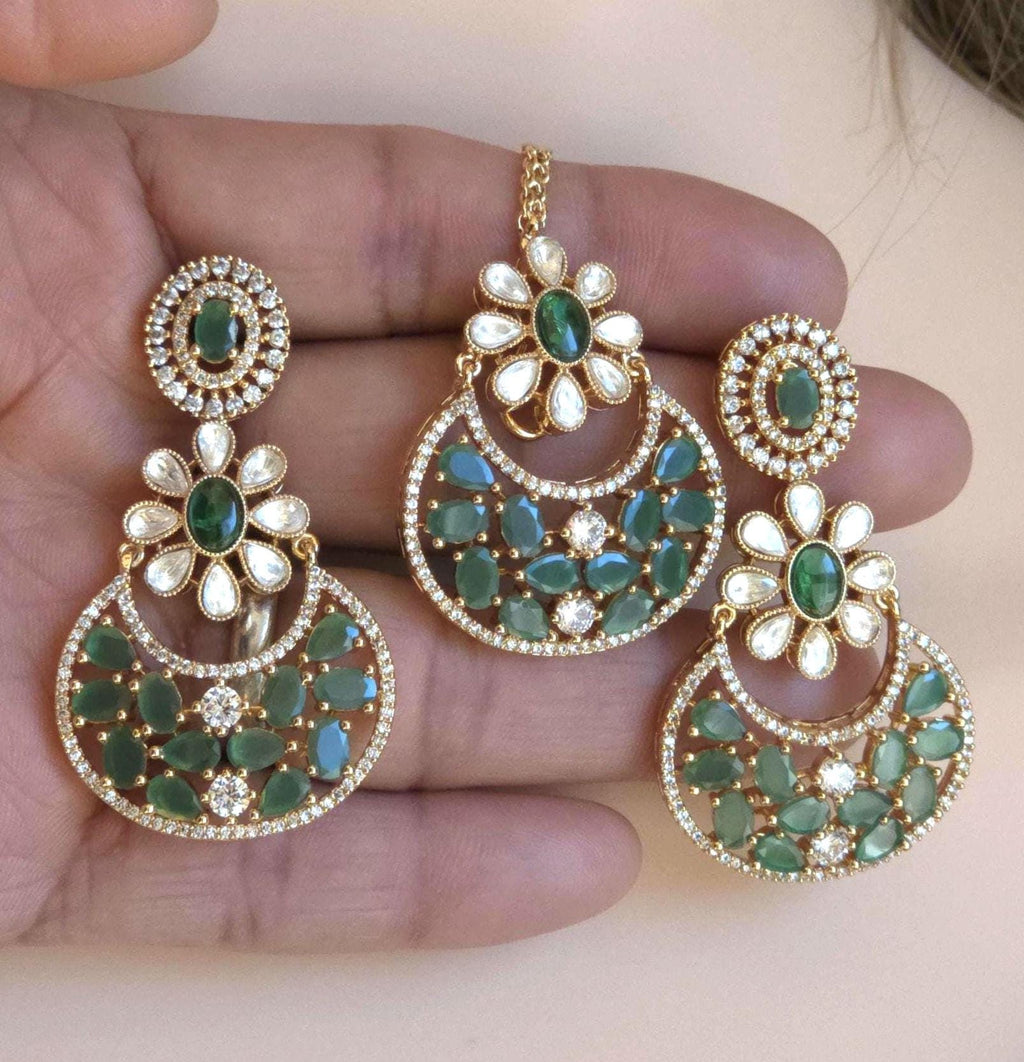 Green Floral Kundan Bridal Choker Set, Indian Wedding Jewelry, Pakistani Bridal Necklace, Maang Tikka Reception Set