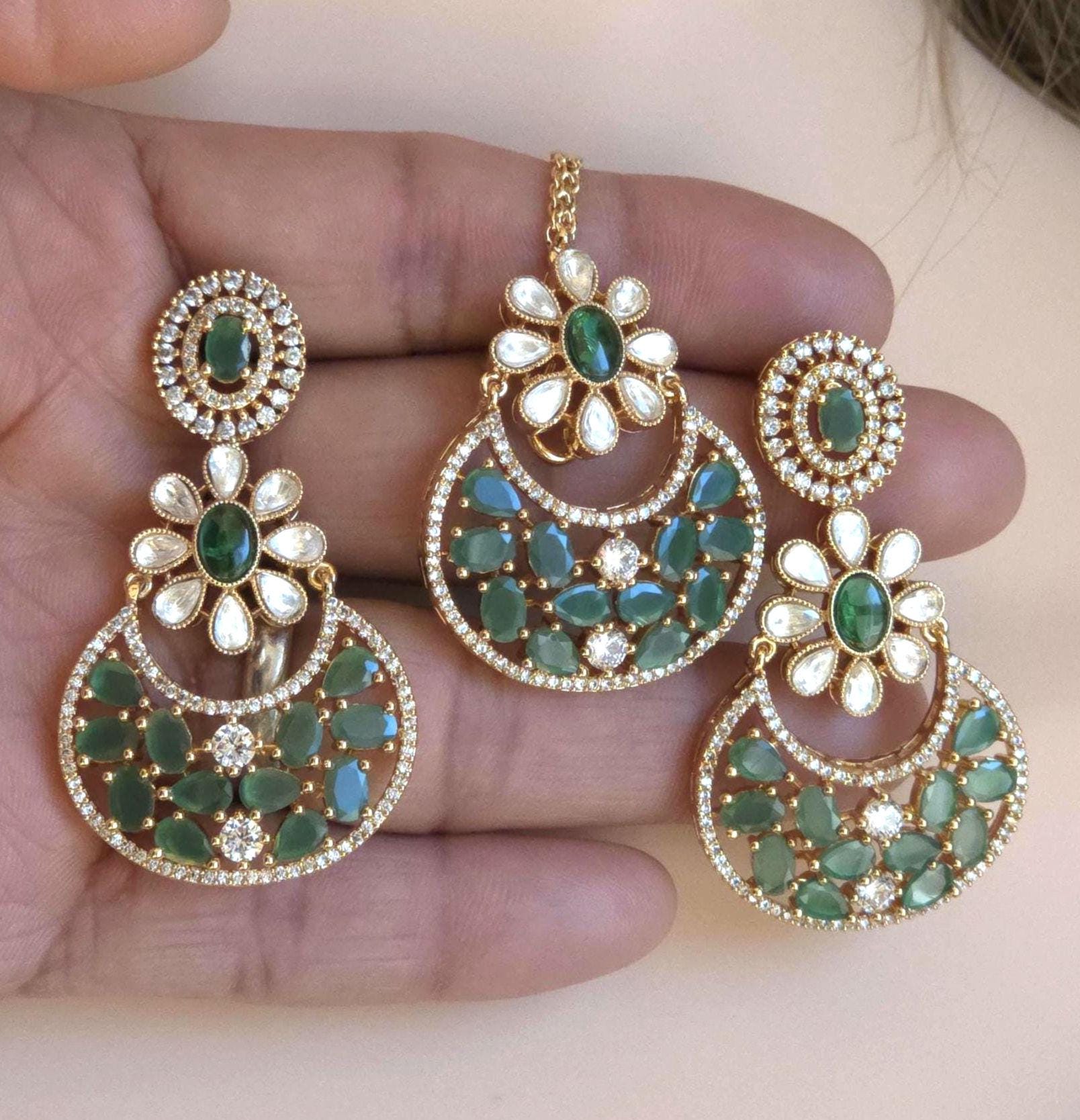 Green Floral Kundan Bridal Choker Set, Indian Wedding Jewelry, Pakistani Bridal Necklace, Maang Tikka Reception Set