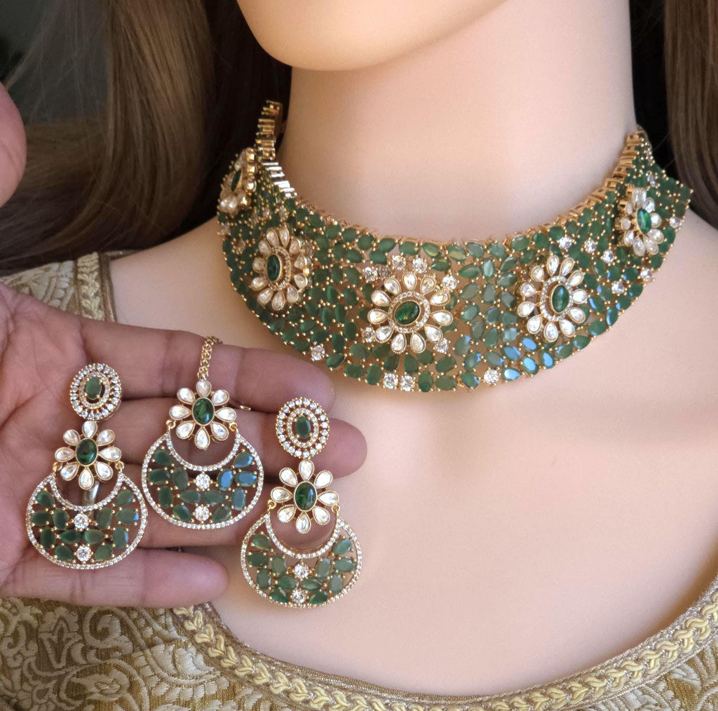 Green Floral Kundan Bridal Choker Set, Indian Wedding Jewelry, Pakistani Bridal Necklace, Maang Tikka Reception Set