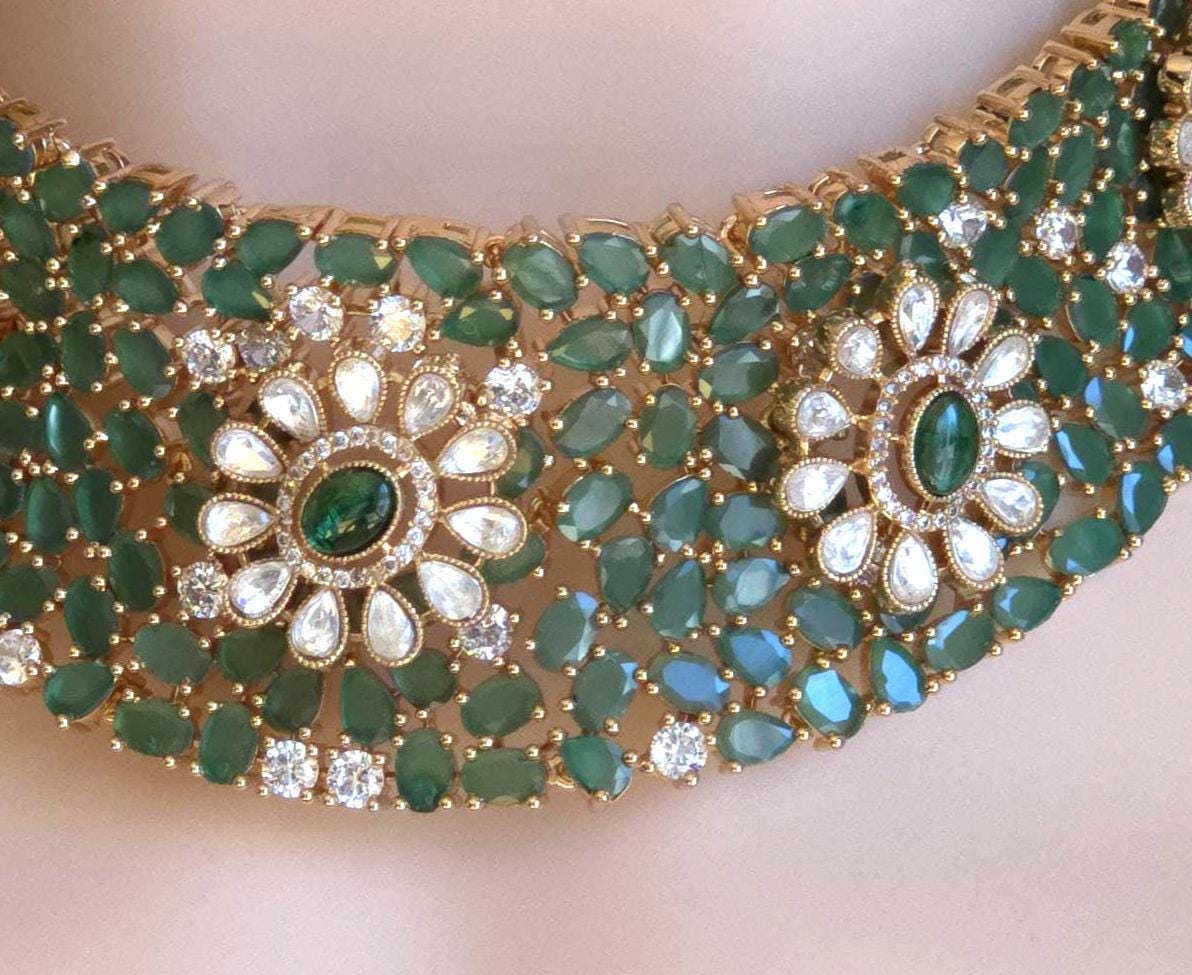 Green Floral Kundan Bridal Choker Set, Indian Wedding Jewelry, Pakistani Bridal Necklace, Maang Tikka Reception Set