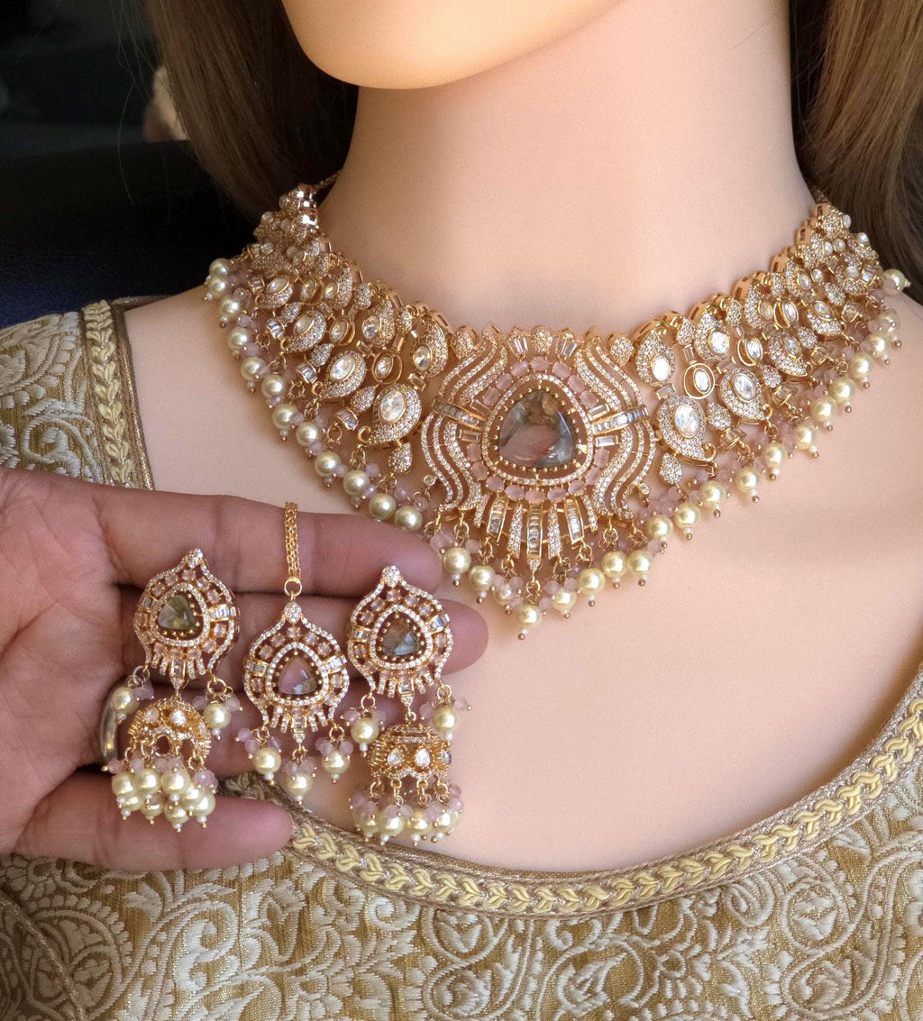 Peach Kundan Polki Bridal Choker Set, Indian Wedding Jewelry, Statement Lehenga Necklace, Pakistani Nikkah Reception Jewelry Set Maang Tikka