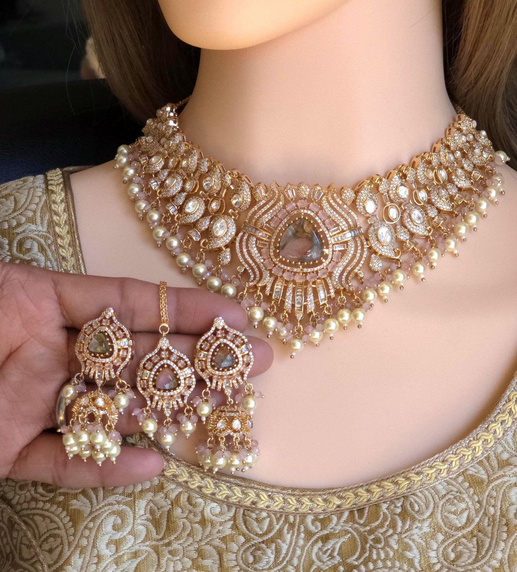 Peach Kundan Polki Bridal Choker Set, Indian Wedding Jewelry, Statement Lehenga Necklace, Pakistani Nikkah Reception Jewelry Set Maang Tikka
