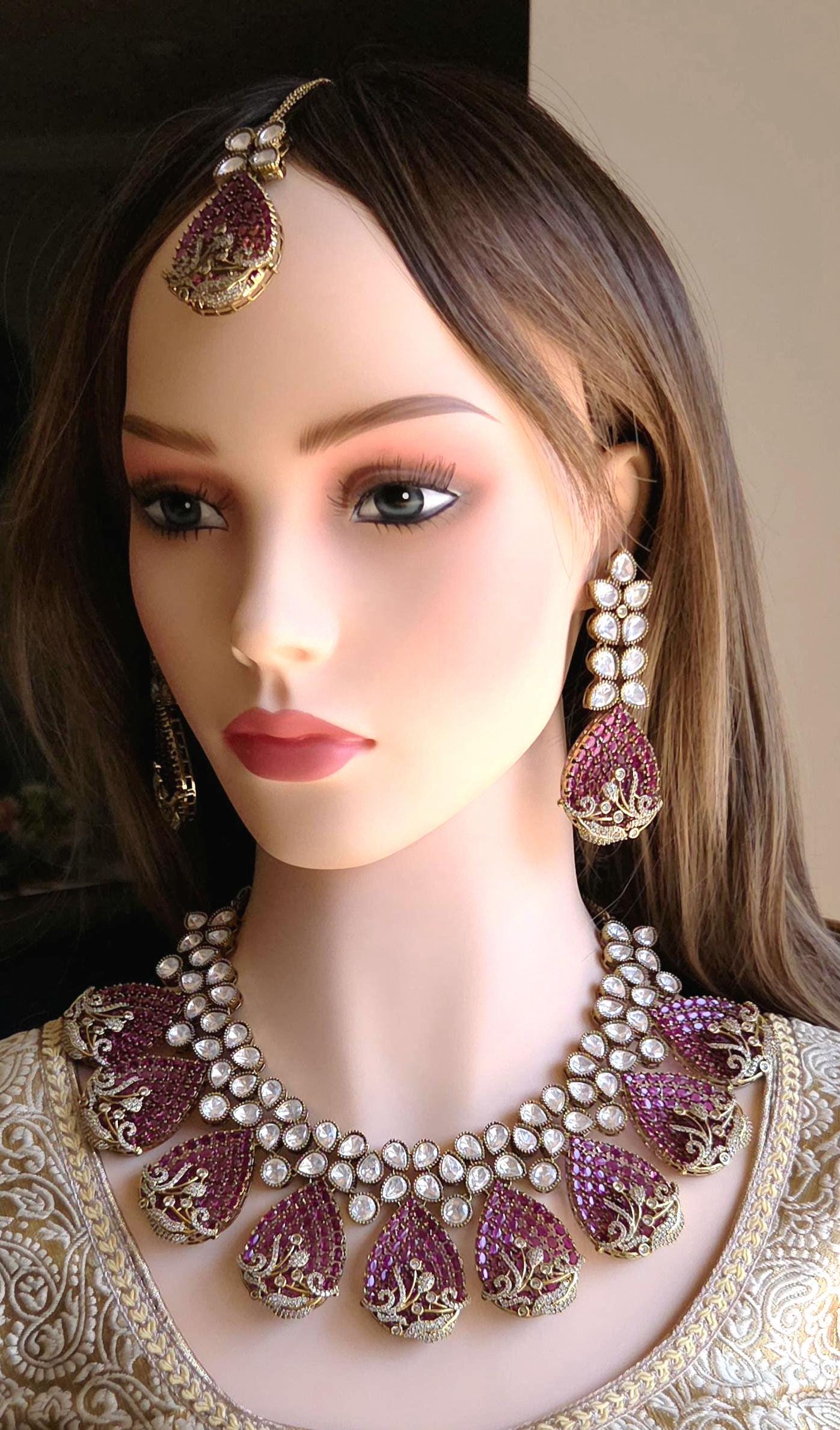 Magenta CZ Polki Bridal Choker Necklace Set, Indian Wedding Jewelry, Statement Bridal Jewelry, Reception Sangeet Mehndi Set Maang Tikka