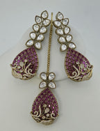Magenta CZ Polki Bridal Choker Necklace Set, Indian Wedding Jewelry, Statement Bridal Jewelry, Reception Sangeet Mehndi Set Maang Tikka
