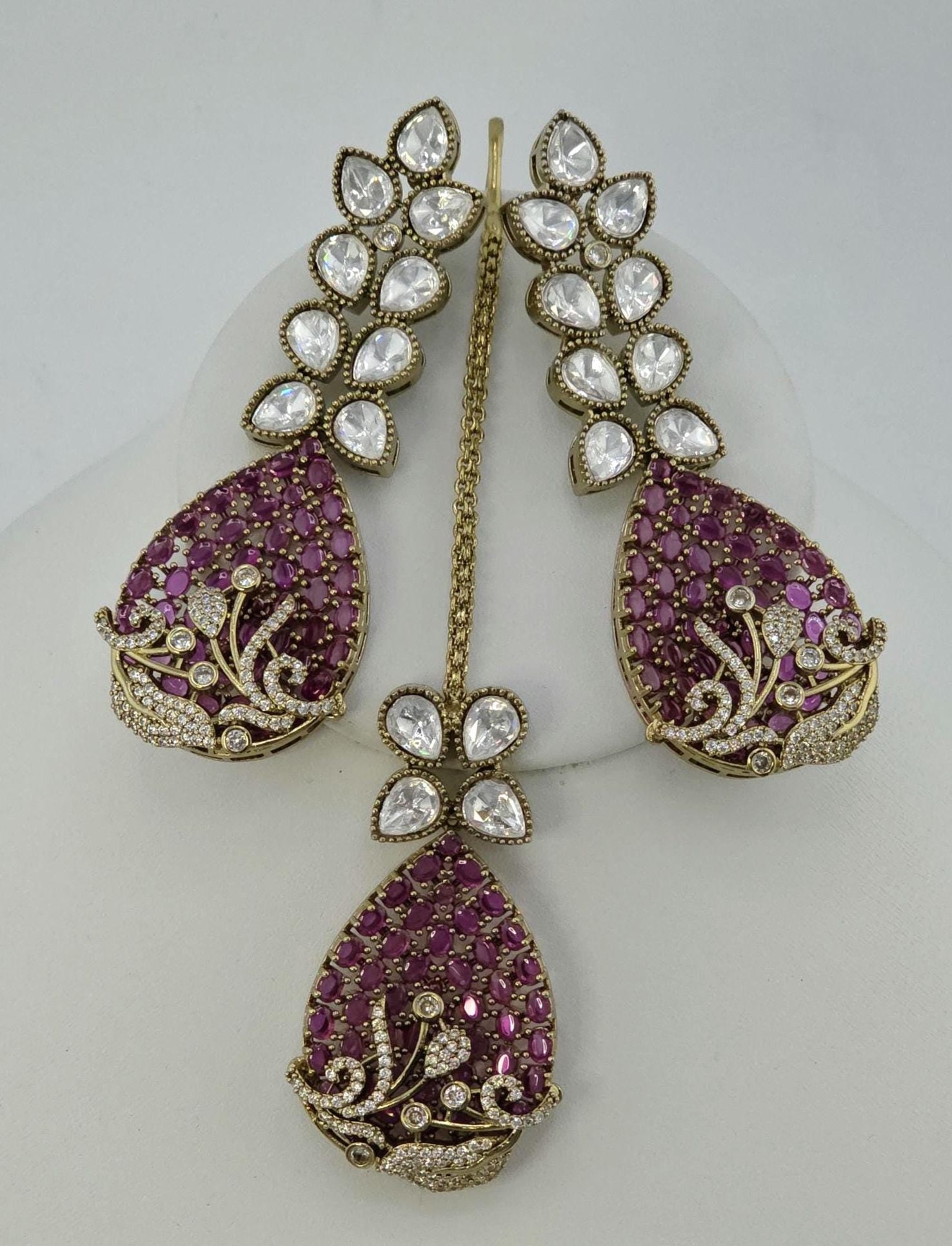 Magenta CZ Polki Bridal Choker Necklace Set, Indian Wedding Jewelry, Statement Bridal Jewelry, Reception Sangeet Mehndi Set Maang Tikka