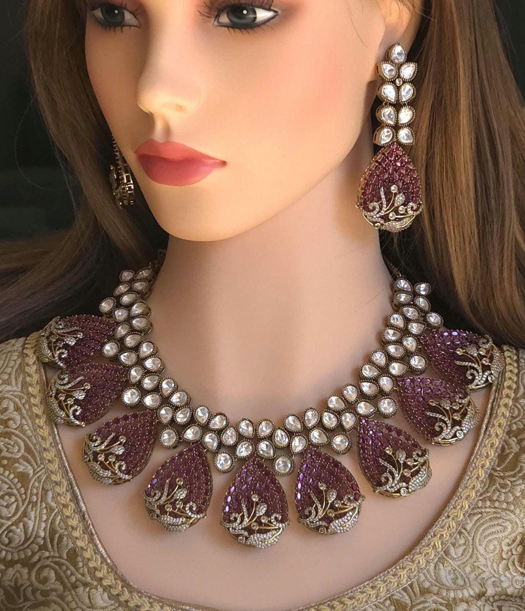 Magenta CZ Polki Bridal Choker Necklace Set, Indian Wedding Jewelry, Statement Bridal Jewelry, Reception Sangeet Mehndi Set Maang Tikka