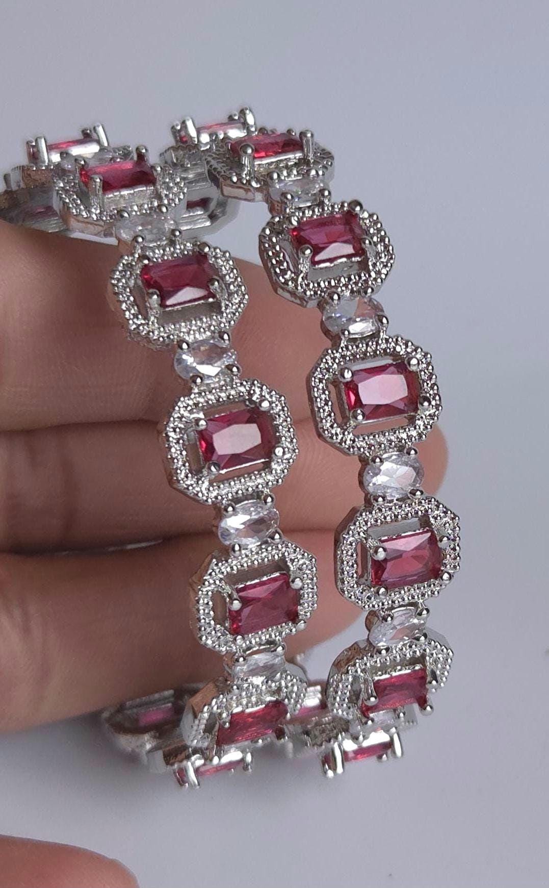 Red CZ Bridal Bangles – Ruby Tone Emerald Cut Wedding Jewelry