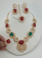 Kundan Ruby Emerald Bridal Jewelry Set, Moissanite CZ Necklace Earrings Maang Tikka Ring