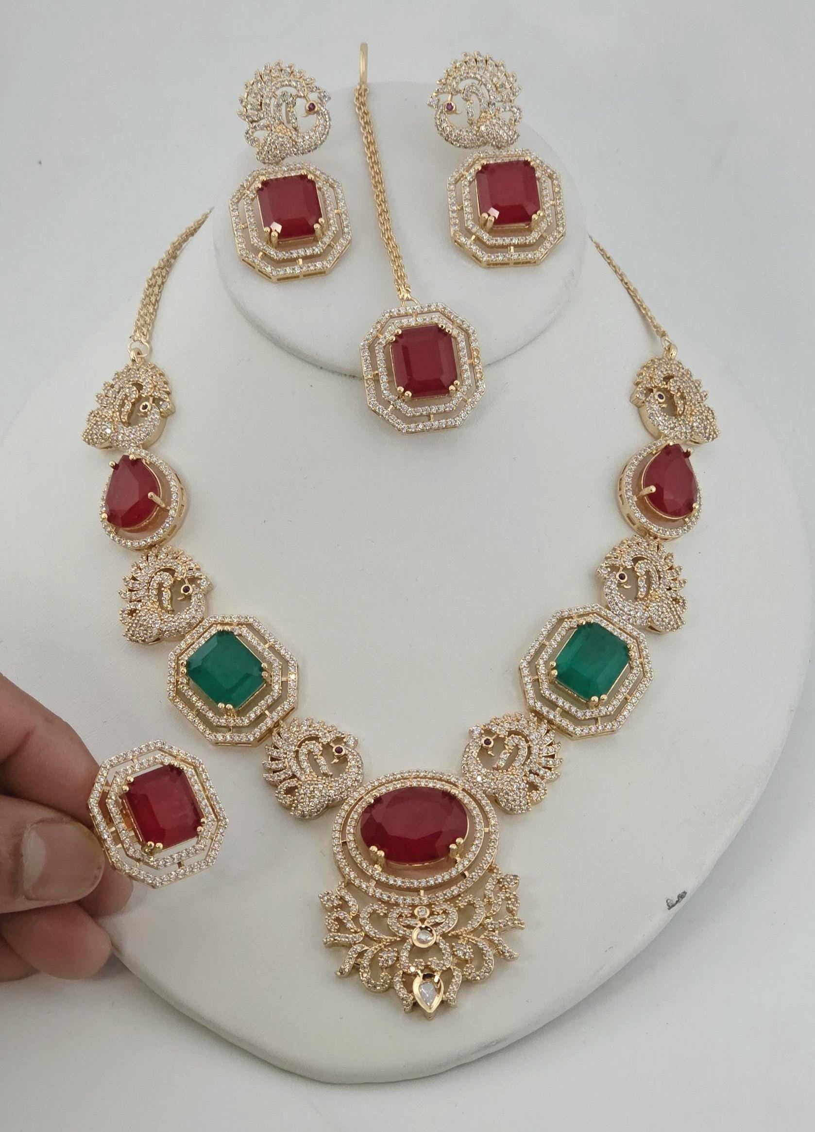 Kundan Ruby Emerald Bridal Jewelry Set, Moissanite CZ Necklace Earrings Maang Tikka Ring