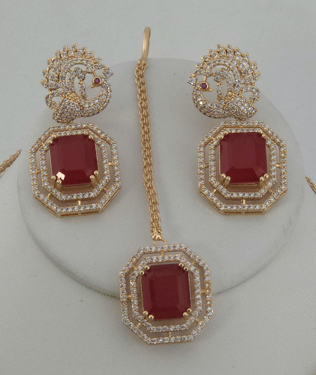 Kundan Ruby Emerald Bridal Jewelry Set, Moissanite CZ Necklace Earrings Maang Tikka Ring