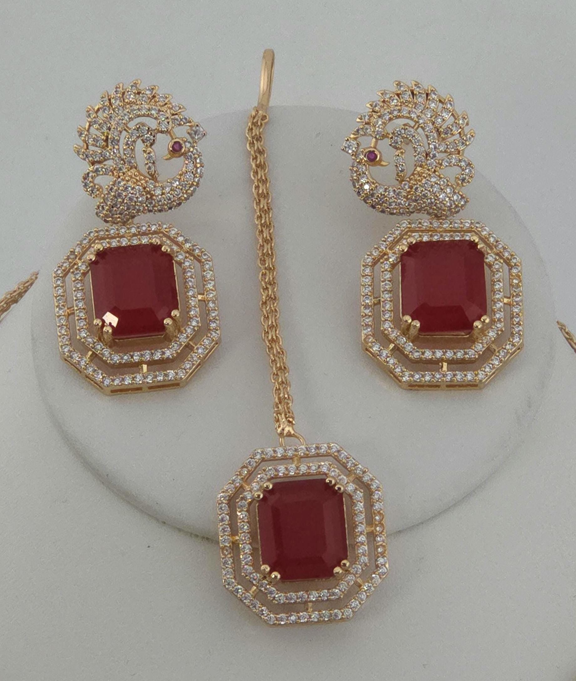 Kundan Ruby Emerald Bridal Jewelry Set, Moissanite CZ Necklace Earrings Maang Tikka Ring