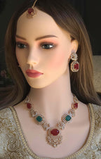 Kundan Ruby Emerald Bridal Jewelry Set, Moissanite CZ Necklace Earrings Maang Tikka Ring