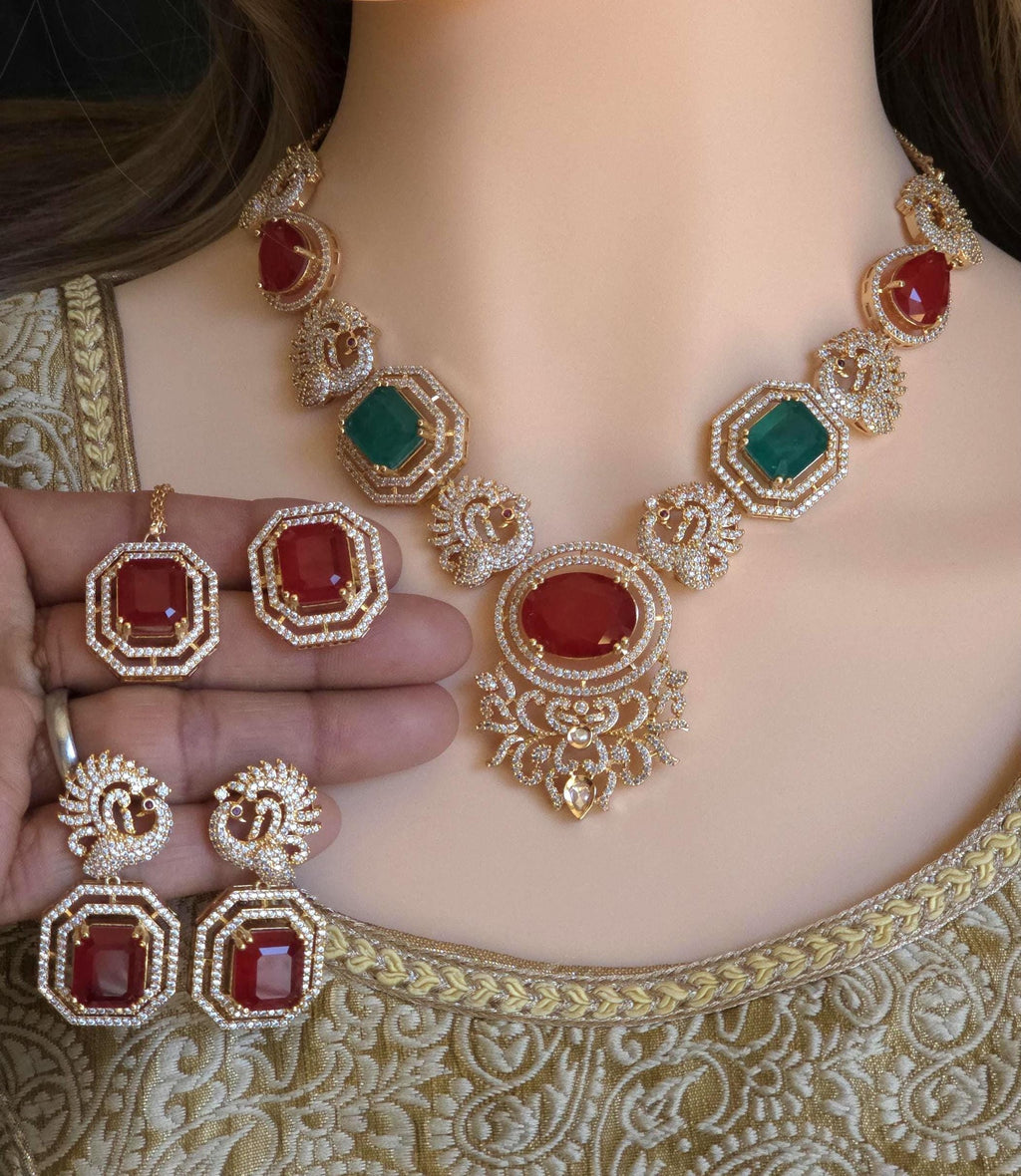 Kundan Ruby Emerald Bridal Jewelry Set, Moissanite CZ Necklace Earrings Maang Tikka Ring