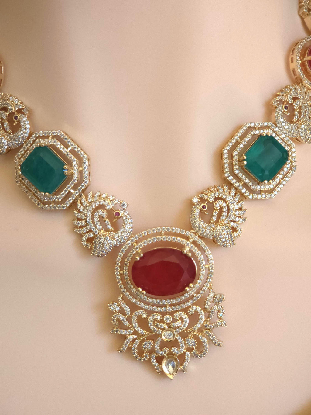 Kundan Ruby Emerald Bridal Jewelry Set, Moissanite CZ Necklace Earrings Maang Tikka Ring