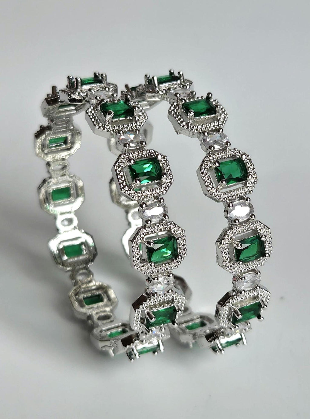 Green AD Statement Bangle Set, Emerald Cut Wedding Bangles, Indian Bracelet for Bridal & Festive Wear