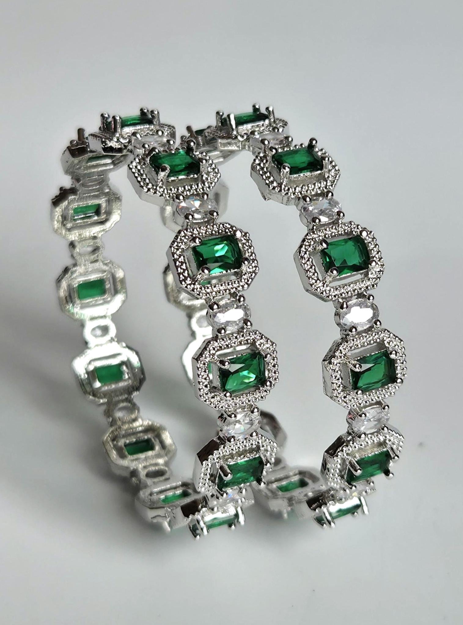 Green AD Statement Bangle Set, Emerald Cut Wedding Bangles, Indian Bracelet for Bridal & Festive Wear