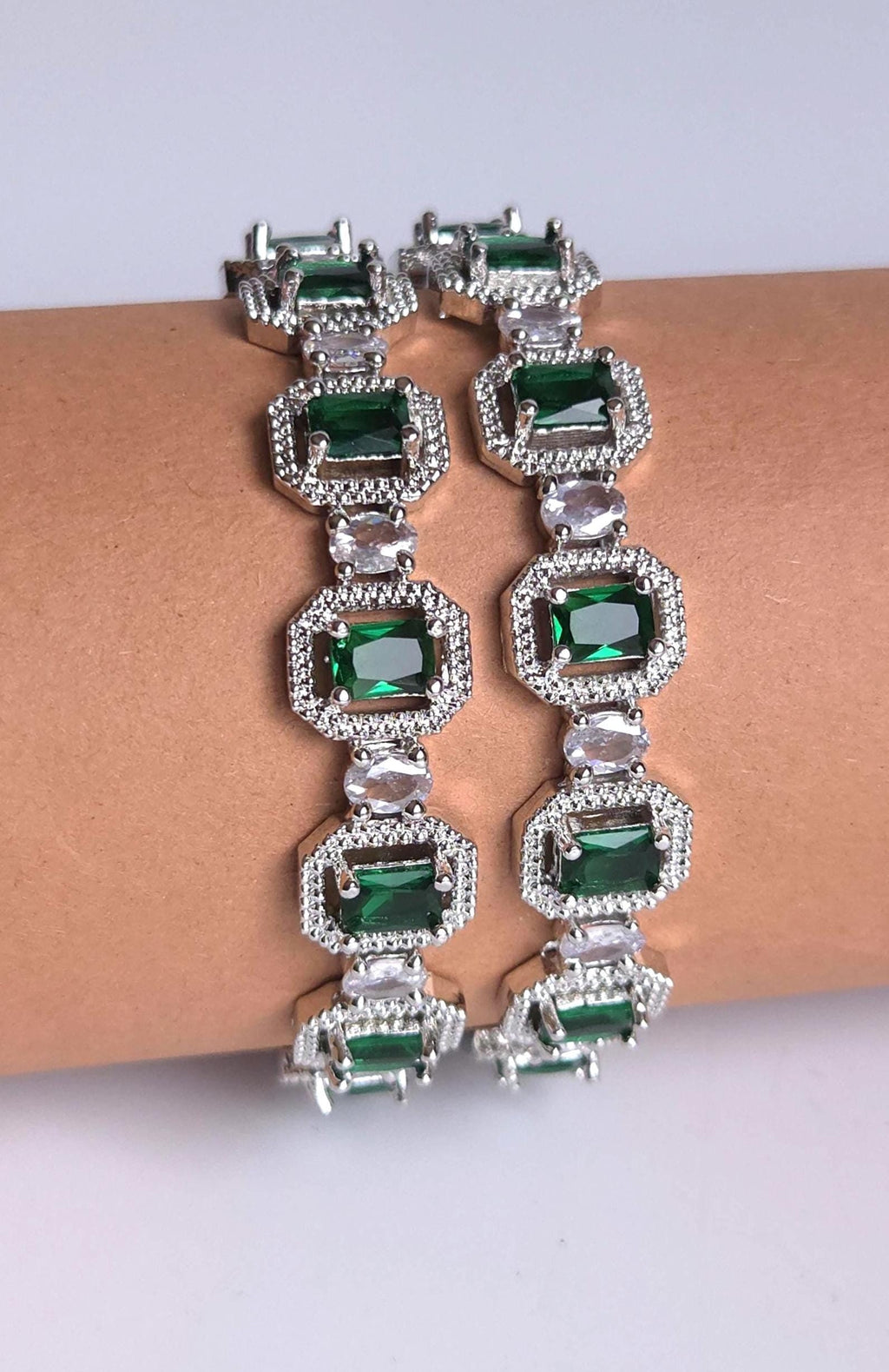Green AD Statement Bangle Set, Emerald Cut Wedding Bangles, Indian Bracelet for Bridal & Festive Wear