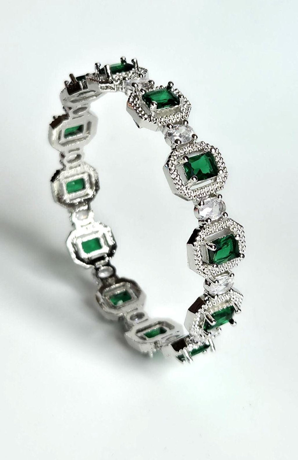 Green AD Statement Bangle Set, Emerald Cut Wedding Bangles, Indian Bracelet for Bridal & Festive Wear