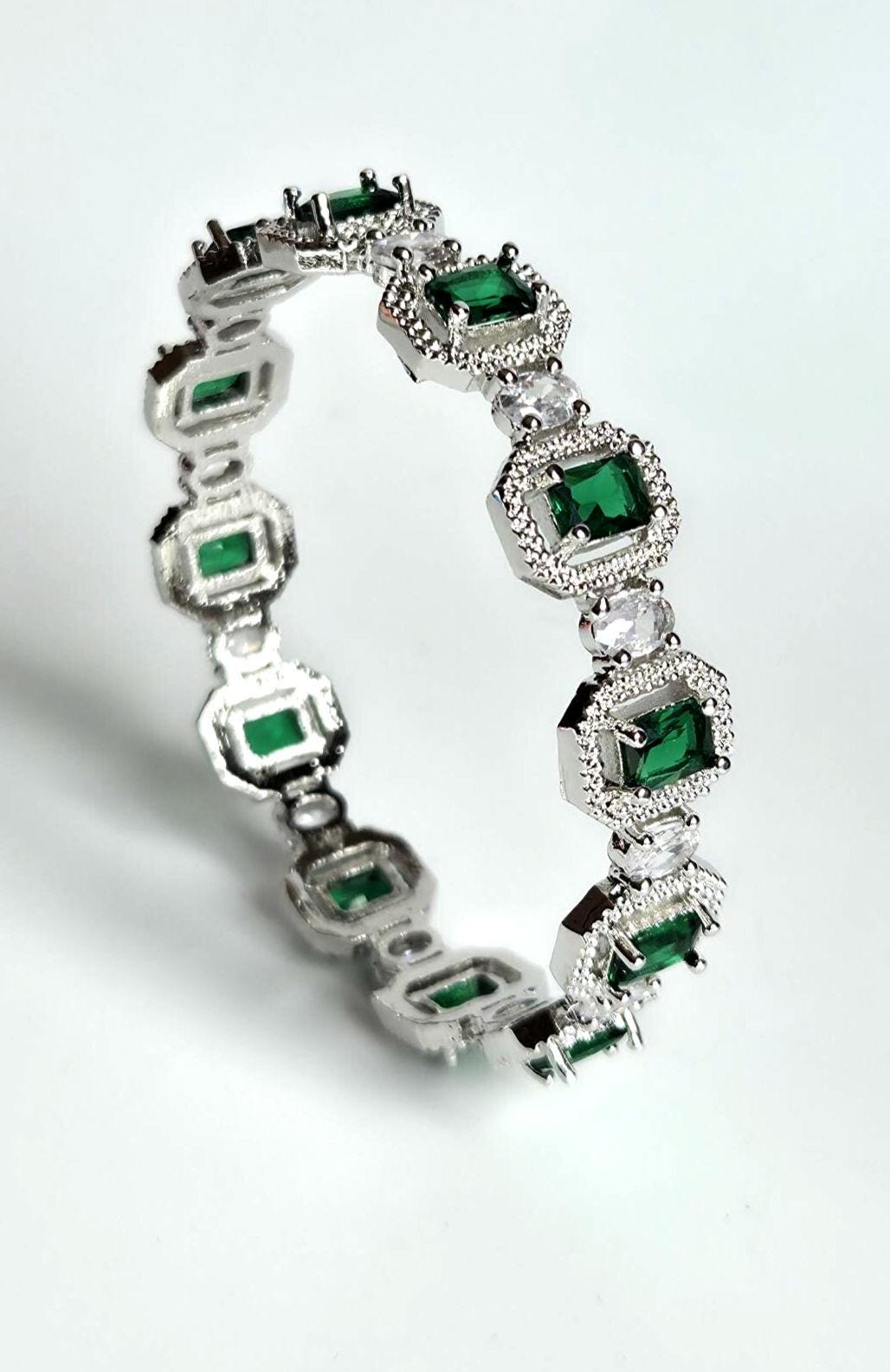 Green AD Statement Bangle Set, Emerald Cut Wedding Bangles, Indian Bracelet for Bridal & Festive Wear