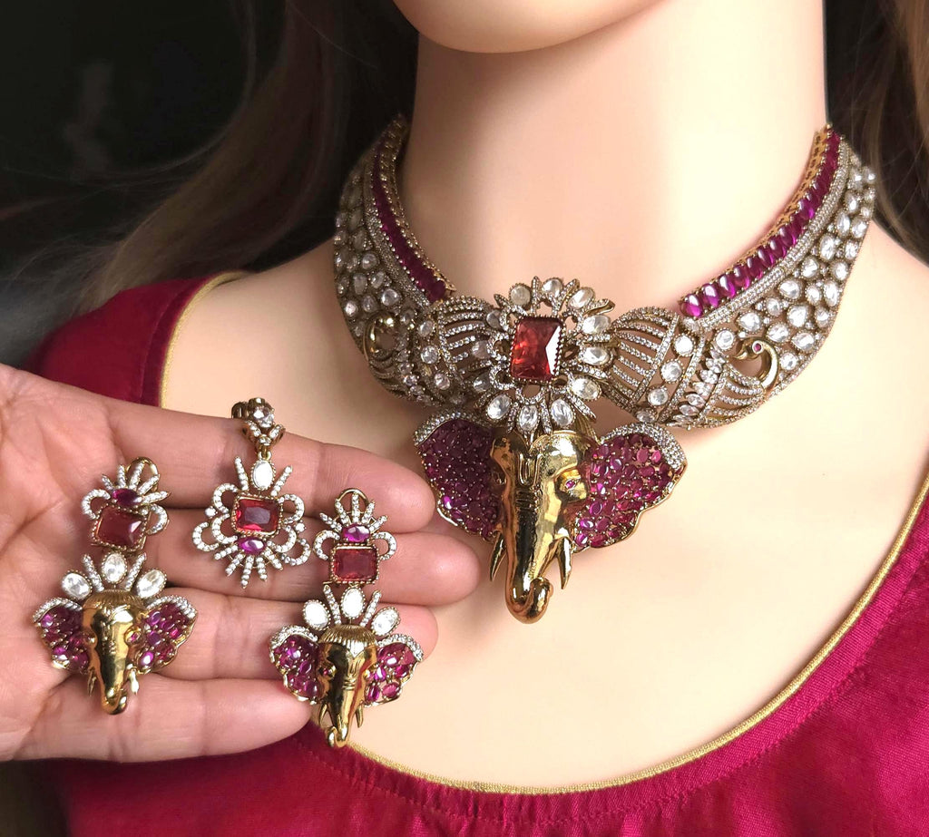 Ganpati Moissanite Kundan Necklace Set, Indian Temple Jewelry, Bridal Wedding Jewelry, Diwali Festive Gift Statement Pendant set Maang Tikka
