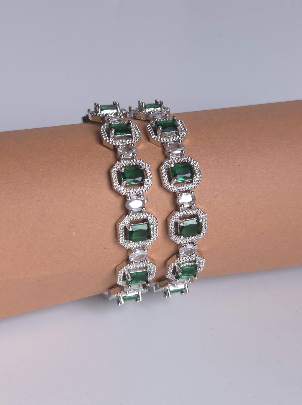 Green AD Statement Bangle Set, Emerald Cut Wedding Bangles, Indian Bracelet for Bridal & Festive Wear
