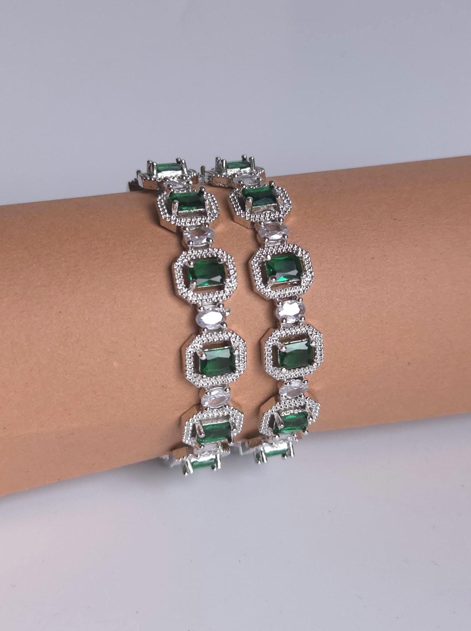 Green AD Statement Bangle Set, Emerald Cut Wedding Bangles, Indian Bracelet for Bridal & Festive Wear