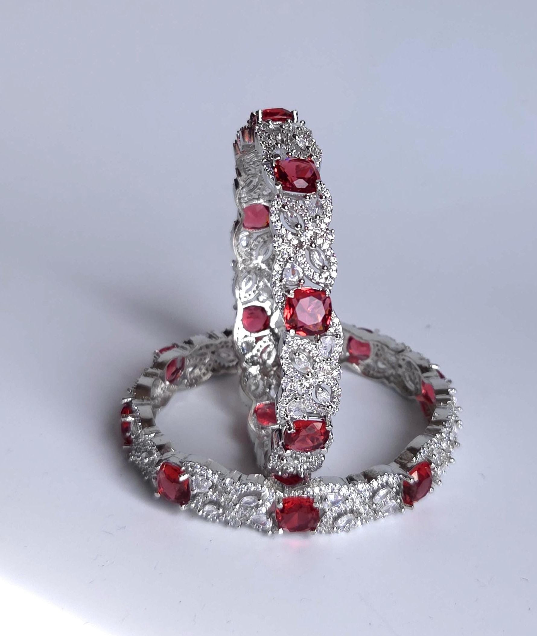 Red Floral AD Bangle Set, Ruby Stone Wedding Bangles, Elegant Indian Bracelet for Bridal & Bridesmaid Wear