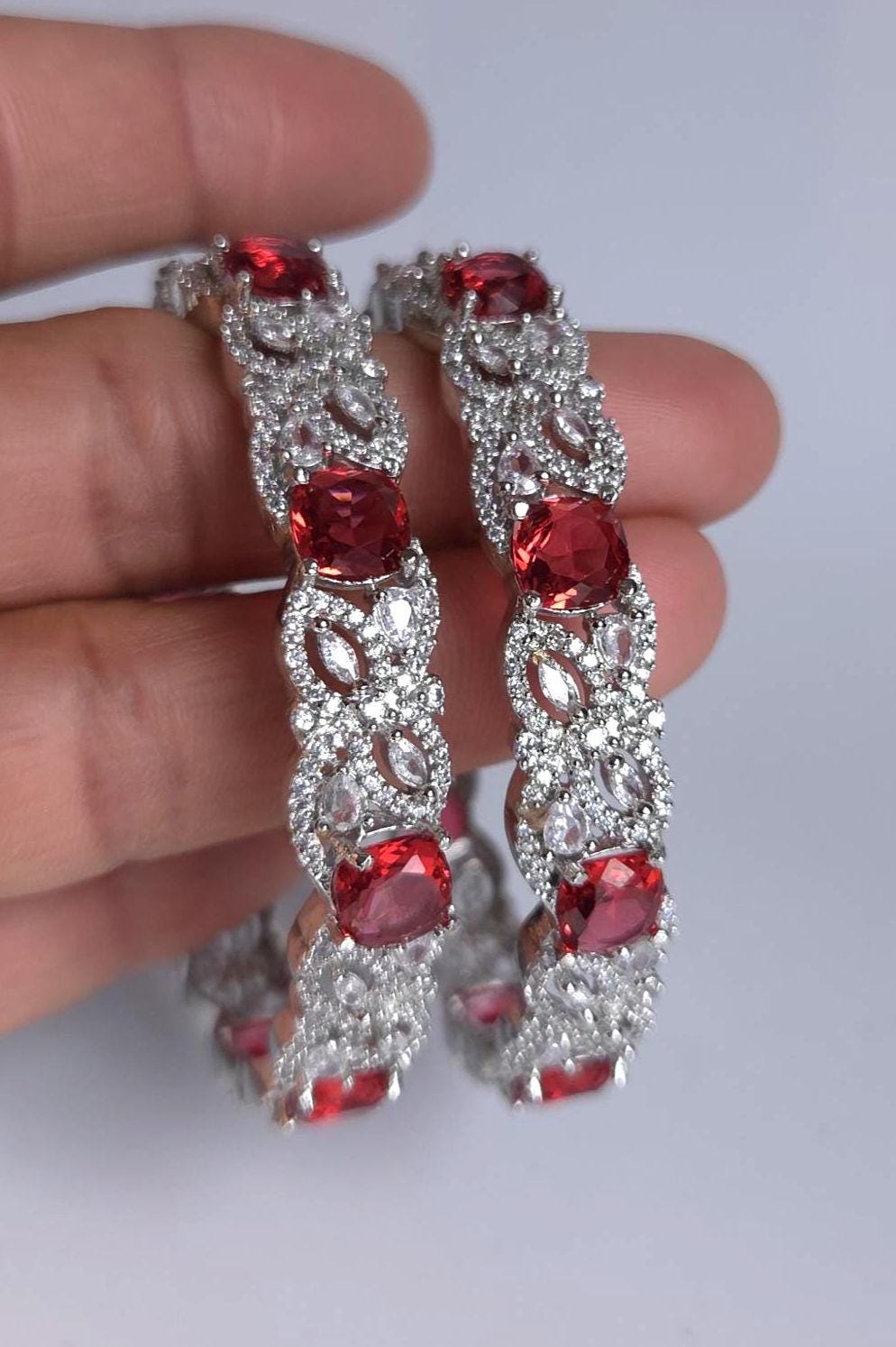 Red Floral AD Bangle Set, Ruby Stone Wedding Bangles, Elegant Indian Bracelet for Bridal & Bridesmaid Wear