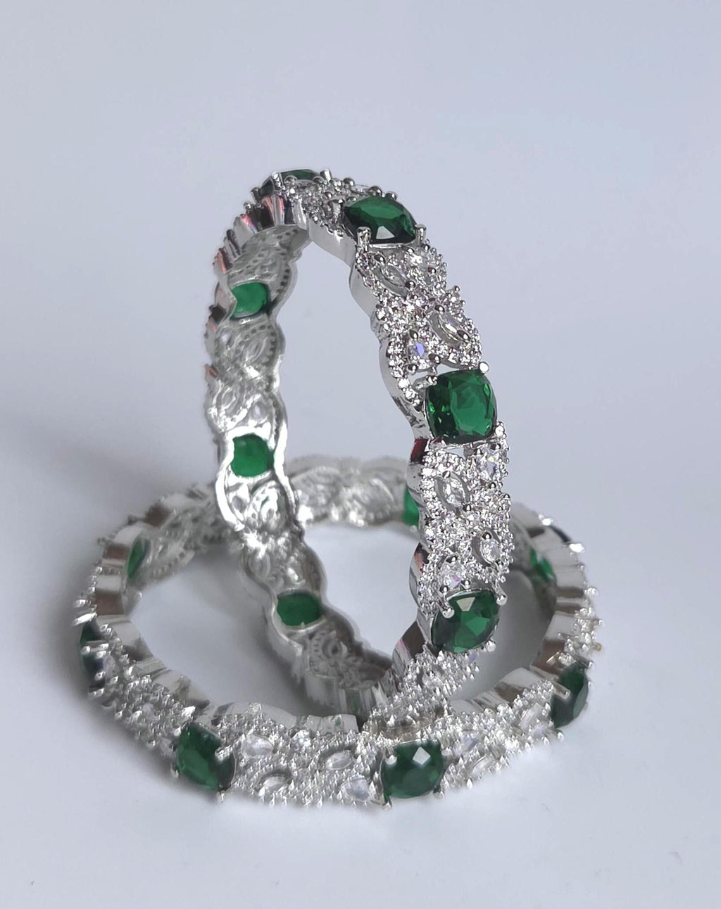 Green Floral AD Bangle Set, Emerald Stone Bracelet, Elegant Wedding Bangles for Festive & Bridesmaid Wear