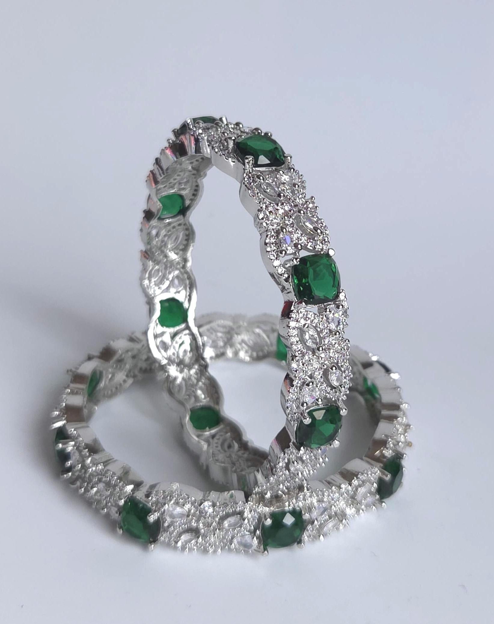 Green Floral AD Bangle Set, Emerald Stone Bracelet, Elegant Wedding Bangles for Festive & Bridesmaid Wear