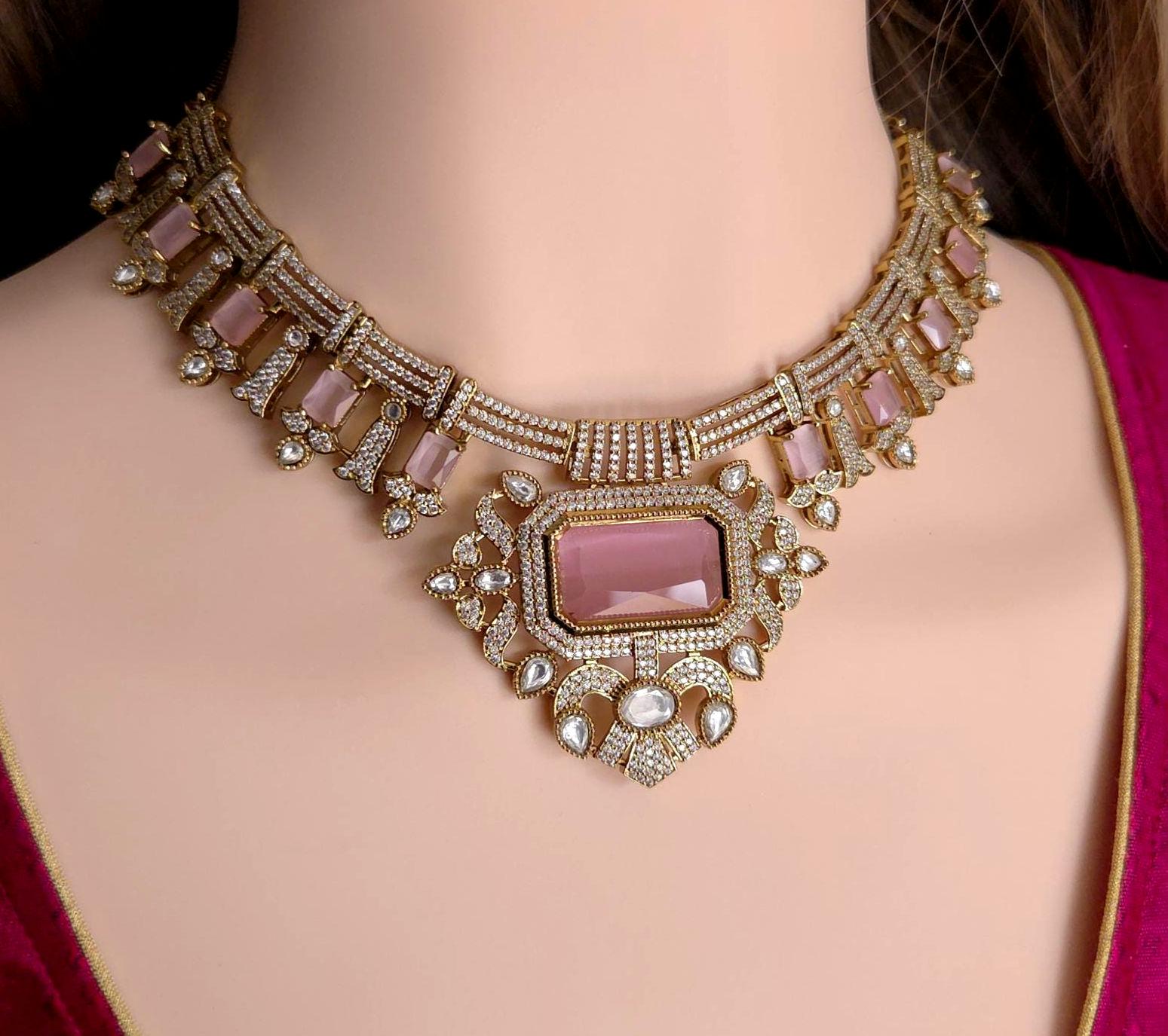 Pink Moissanite Bridal Necklace Set, Indian Wedding Jewelry, Statement Lehenga Necklace, Pakistani Nikkah Reception Jewelry
